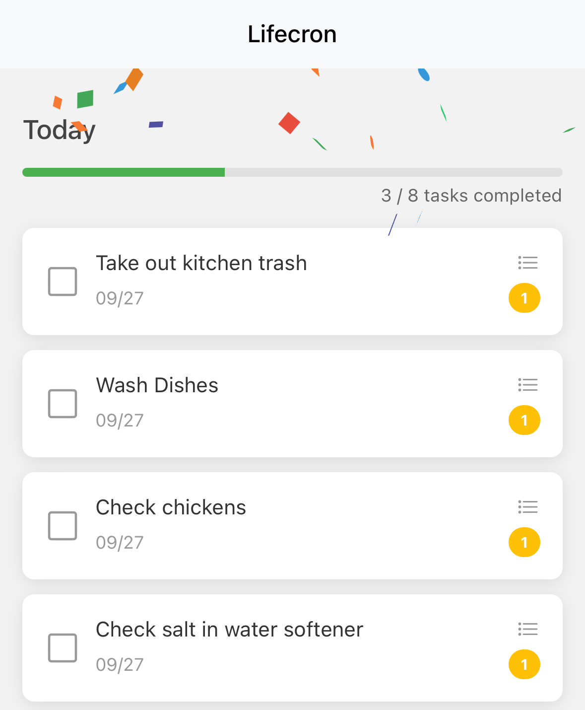 Completing tasks in Lifecron